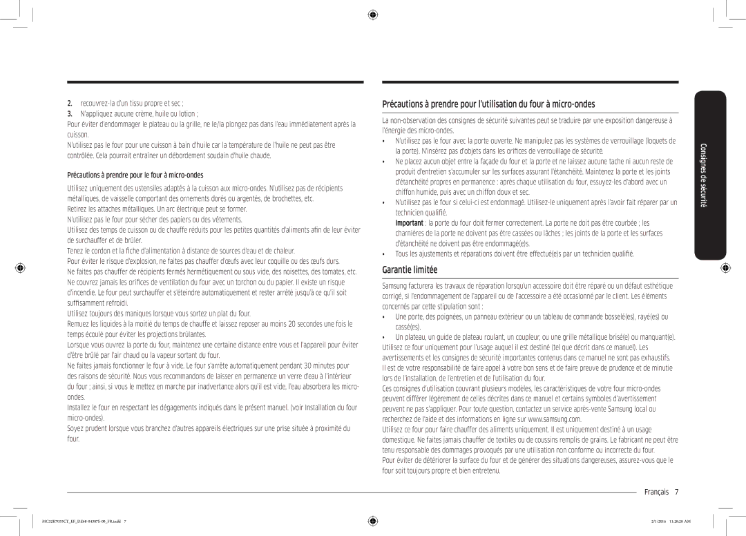 Samsung MC32K7055CK/EF, MC32K7055CW/EF manual Garantie limitée, Précautions à prendre pour le four à micro-ondes 