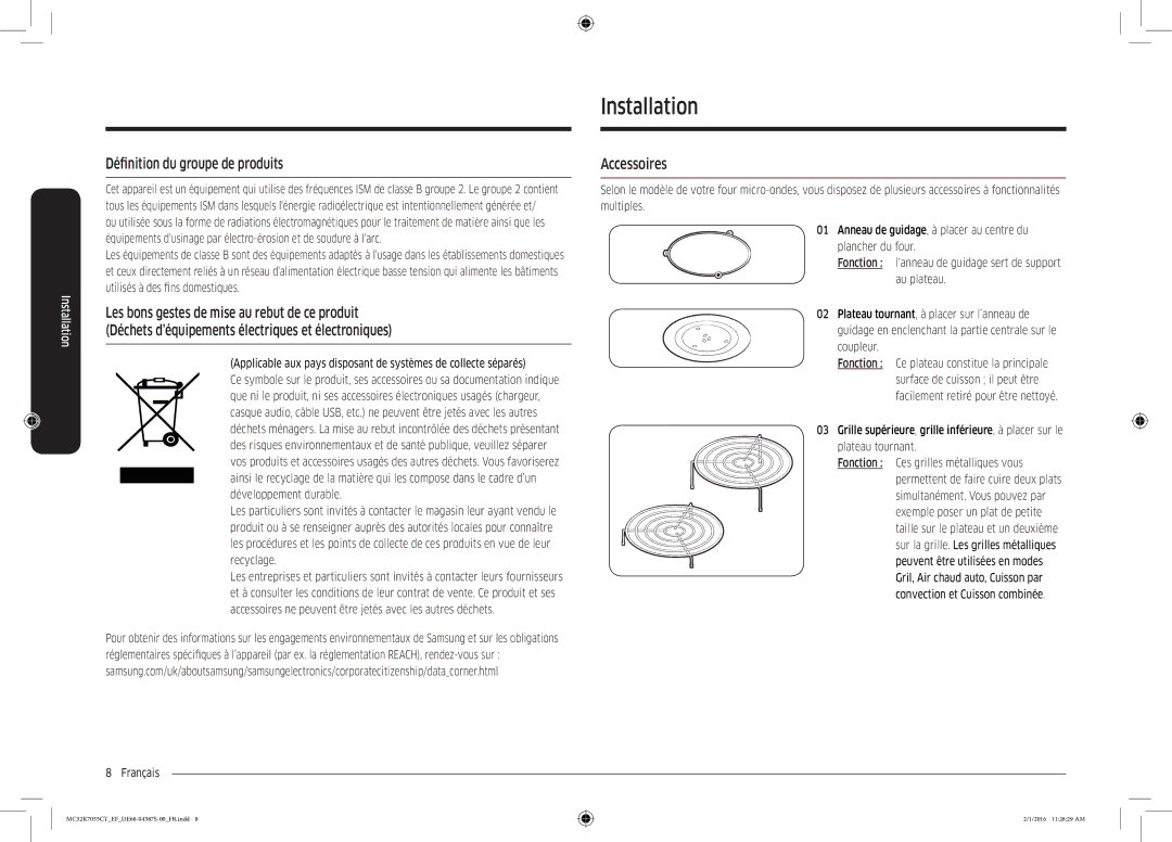 Samsung MC32K7055CW/EF, MC32K7055CK/EF manual Installation, Définition du groupe de produits, Accessoires 