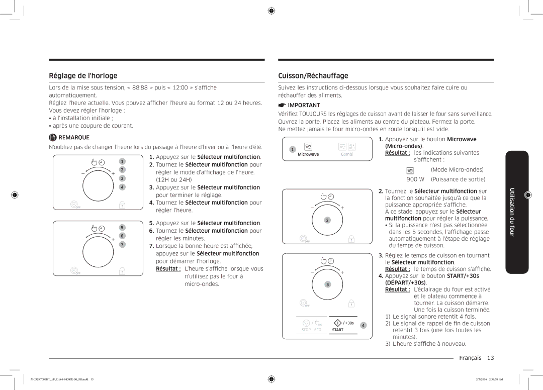 Samsung MC32K7085KT/EF manual Réglage de lhorloge, Cuisson/Réchauffage 