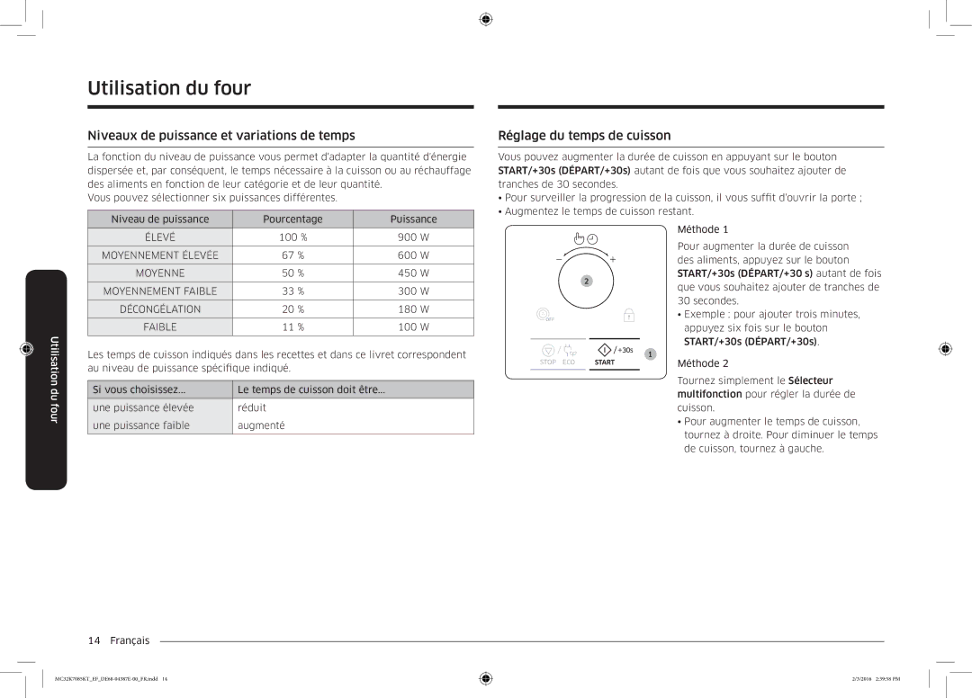 Samsung MC32K7085KT/EF manual Niveaux de puissance et variations de temps, Réglage du temps de cuisson 