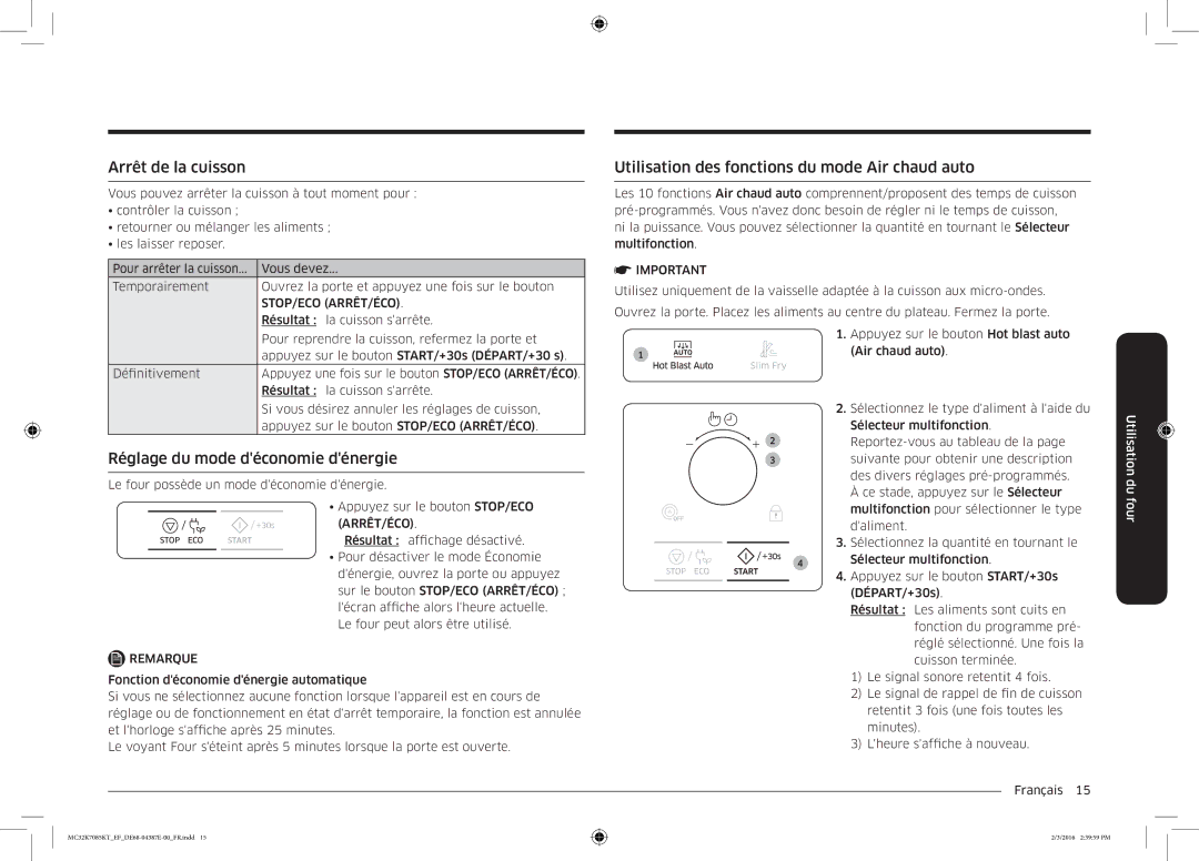 Samsung MC32K7085KT/EF manual Arrêt de la cuisson, Réglage du mode déconomie dénergie 