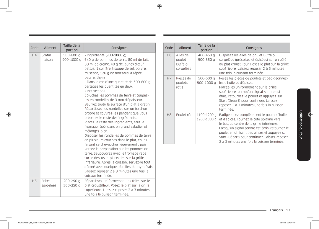 Samsung MC32K7085KT/EF manual Utilisation du four 