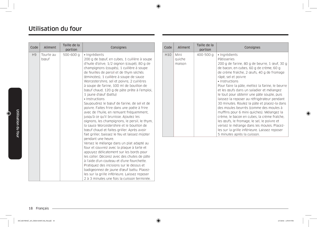 Samsung MC32K7085KT/EF manual Utilisation du four 