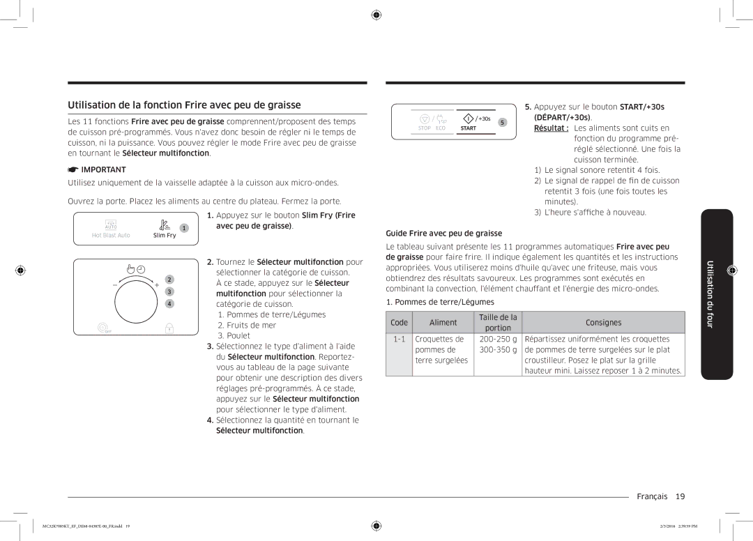 Samsung MC32K7085KT/EF manual Utilisation de la fonction Frire avec peu de graisse 