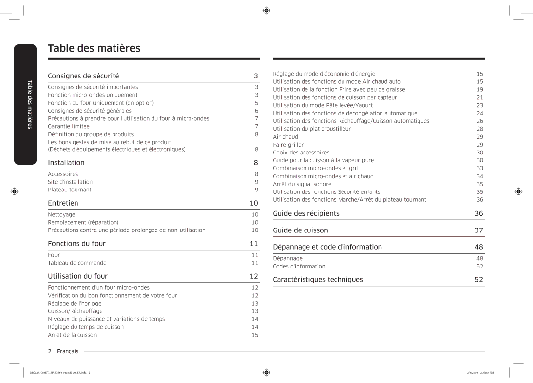 Samsung MC32K7085KT/EF manual Table des matières 