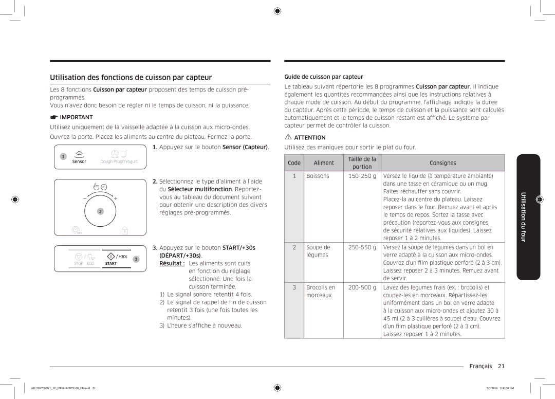 Samsung MC32K7085KT/EF manual Utilisation des fonctions de cuisson par capteur 