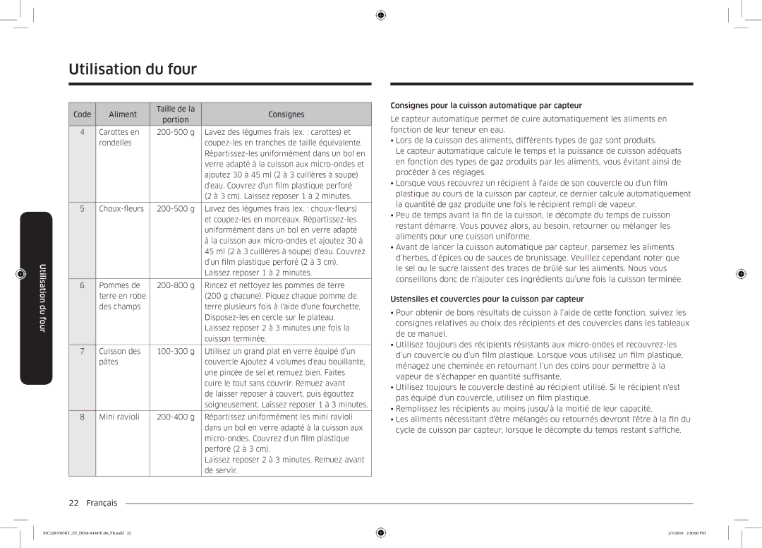 Samsung MC32K7085KT/EF manual Utilisation du four 