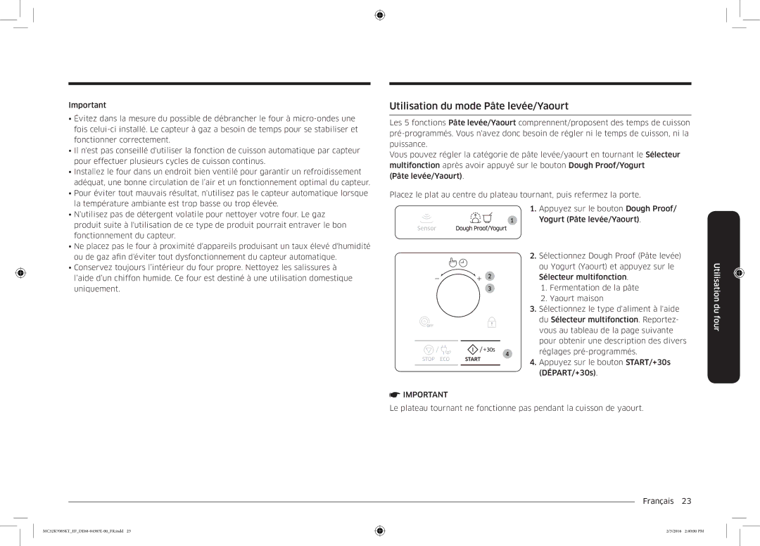 Samsung MC32K7085KT/EF manual Utilisation du mode Pâte levée/Yaourt 