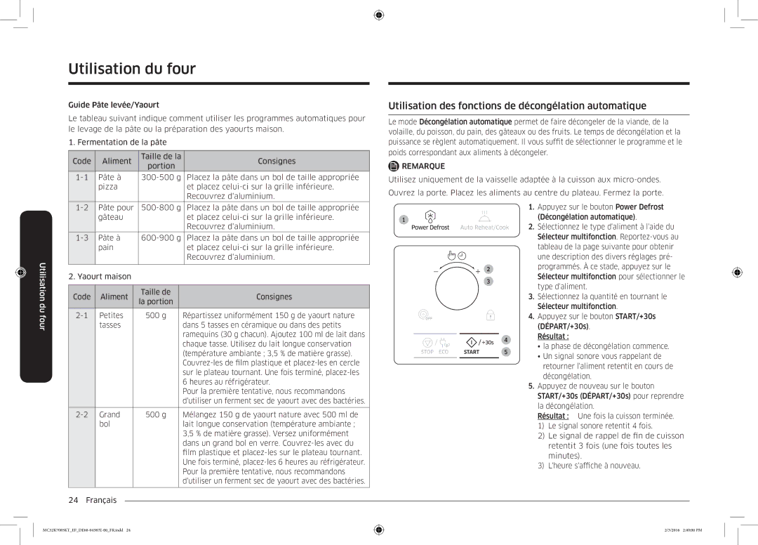 Samsung MC32K7085KT/EF manual Utilisation des fonctions de décongélation automatique 