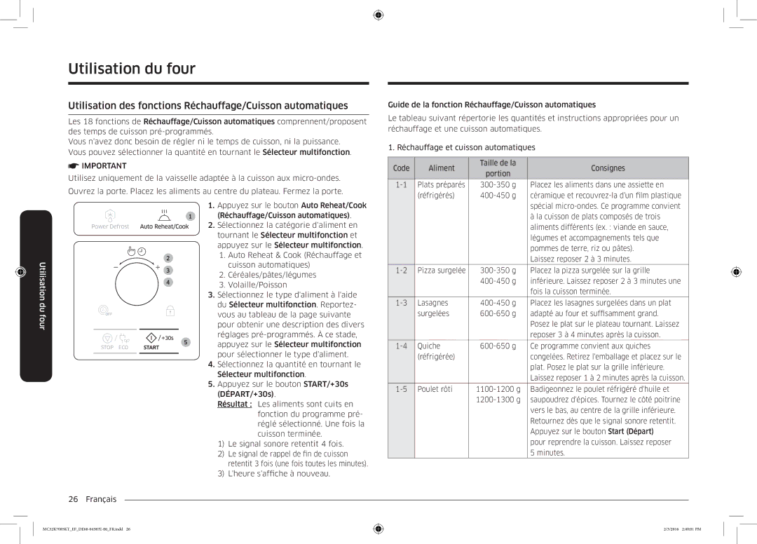 Samsung MC32K7085KT/EF manual Utilisation des fonctions Réchauffage/Cuisson automatiques 