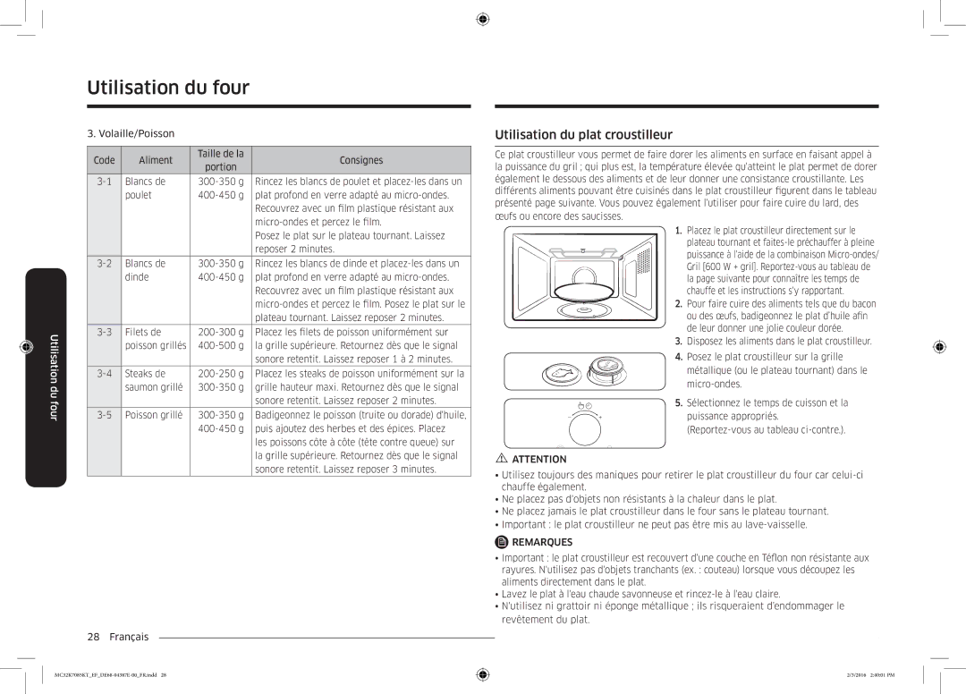 Samsung MC32K7085KT/EF manual Utilisation du plat croustilleur, Remarques 