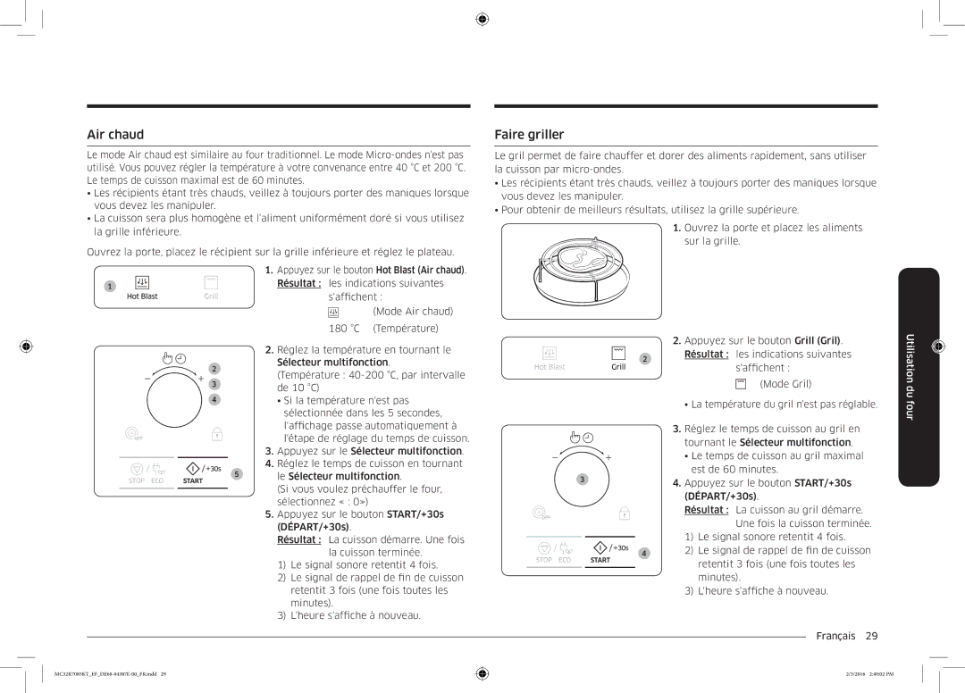 Samsung MC32K7085KT/EF manual Air chaud, Faire griller 