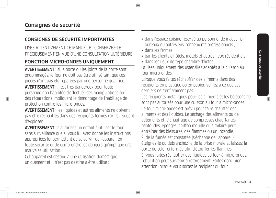 Samsung MC32K7085KT/EF manual Consignes de sécurité, Consignes DE Sécurité Importantes 