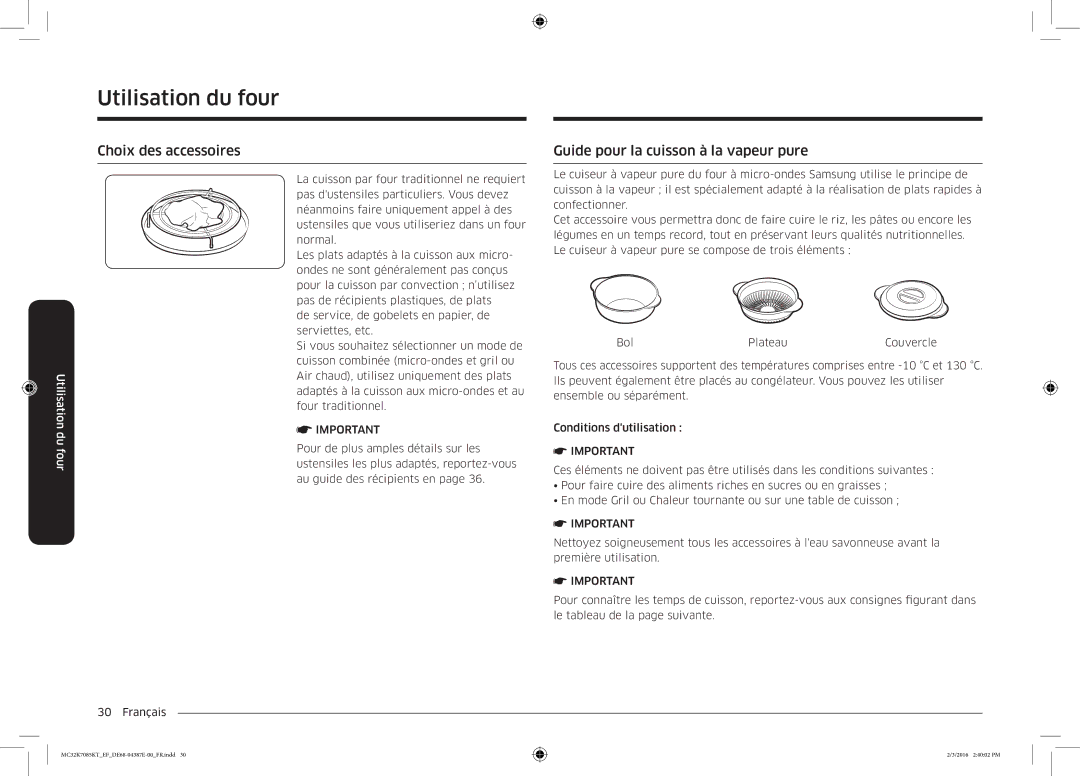 Samsung MC32K7085KT/EF manual Choix des accessoires, Guide pour la cuisson à la vapeur pure 