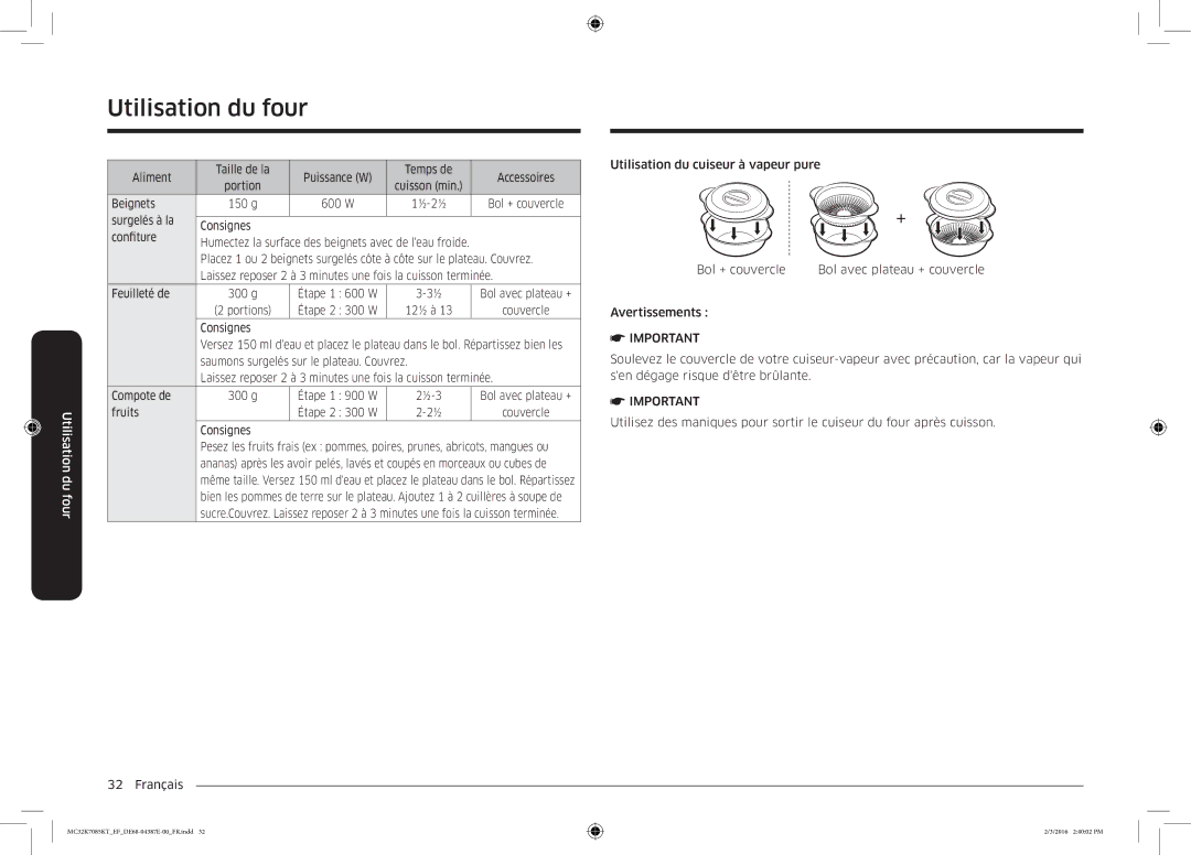 Samsung MC32K7085KT/EF manual Surgelés à la Consignes Confiture 