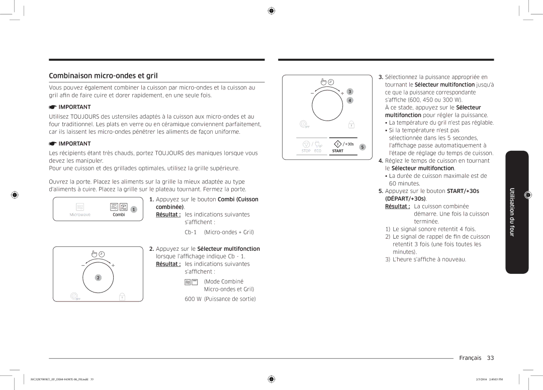 Samsung MC32K7085KT/EF manual Combinaison micro-ondes et gril 