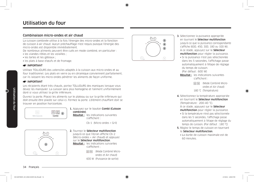 Samsung MC32K7085KT/EF manual Combinaison micro-ondes et air chaud 