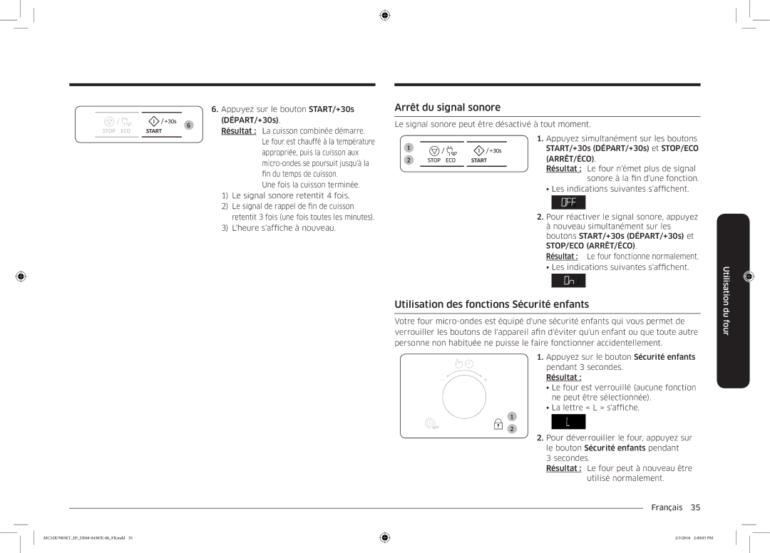 Samsung MC32K7085KT/EF manual Arrêt du signal sonore, Utilisation des fonctions Sécurité enfants 