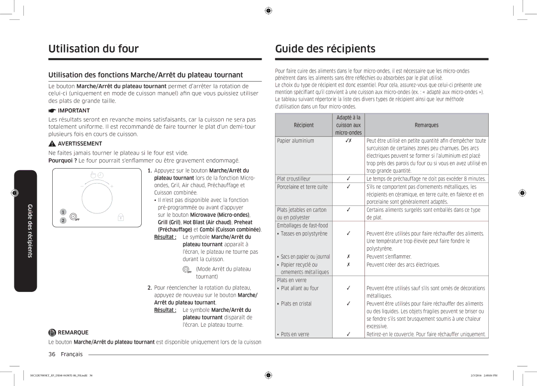 Samsung MC32K7085KT/EF manual Guide des récipients, GuideUtilisationdes récipientsdu four 