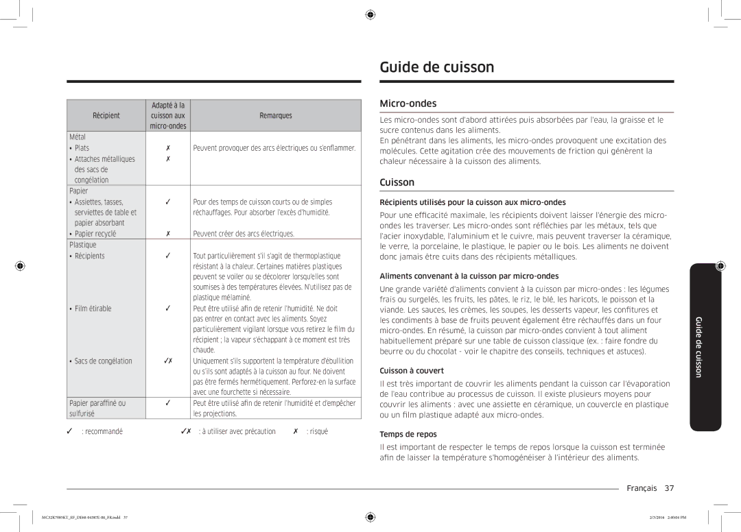 Samsung MC32K7085KT/EF manual Guide de cuisson, Micro-ondes, Cuisson 