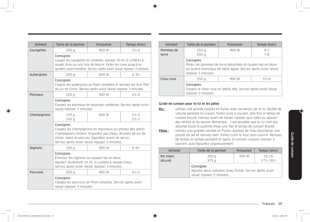 Samsung MC32K7085KT/EF manual Guide de cuisson 