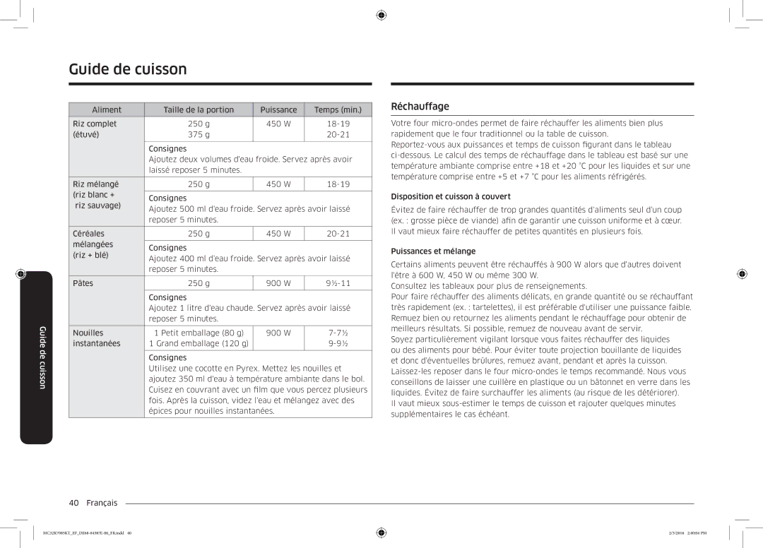 Samsung MC32K7085KT/EF manual Réchauffage 