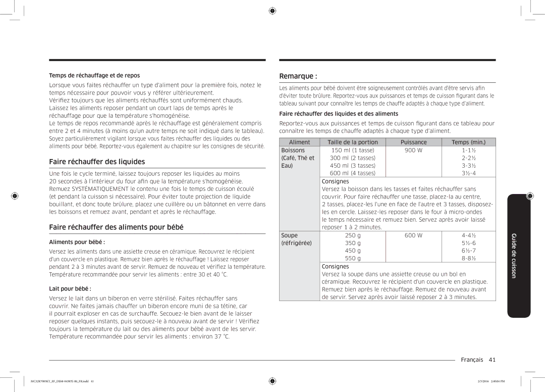 Samsung MC32K7085KT/EF manual Faire réchauffer des liquides, Faire réchauffer des aliments pour bébé, Remarque 