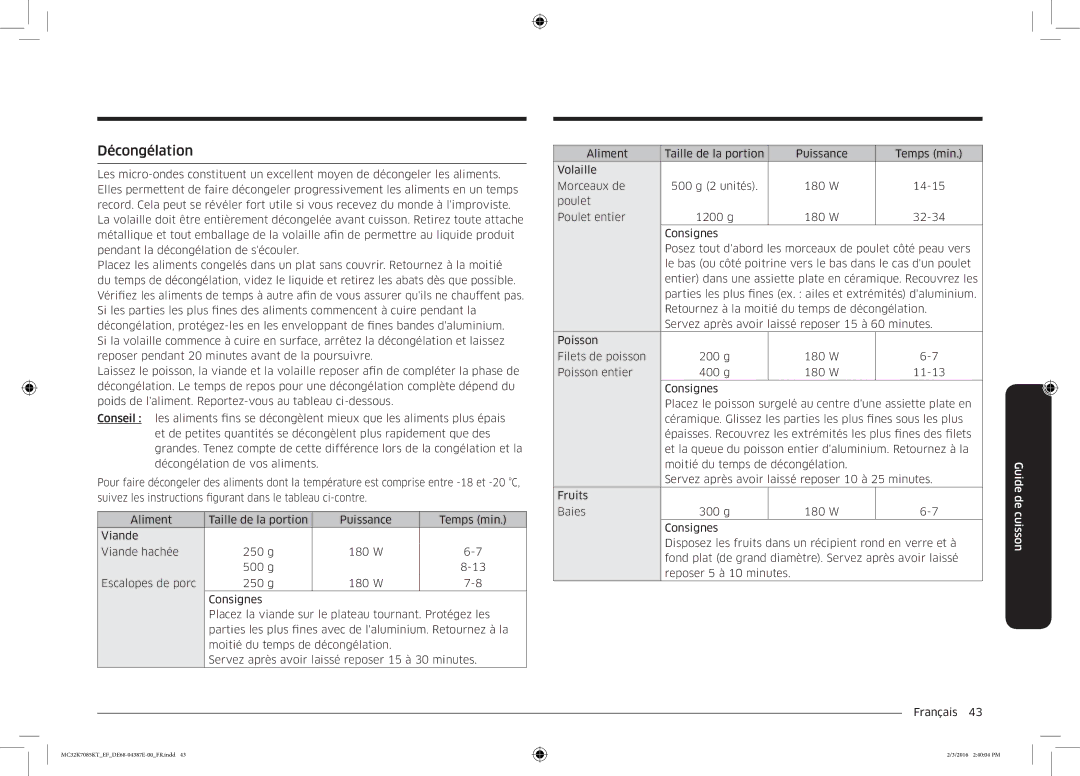 Samsung MC32K7085KT/EF manual Décongélation 