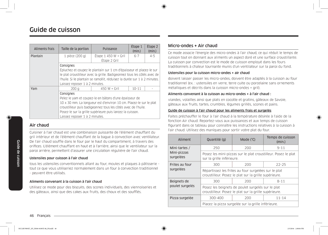 Samsung MC32K7085KT/EF manual Micro-ondes + Air chaud, Étape 1 450 W + Gril Étape 2 Gril Consignes 