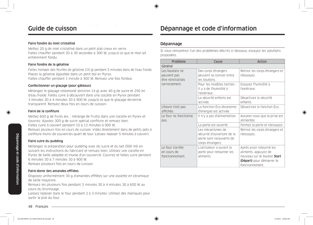 Samsung MC32K7085KT/EF manual GuideDépannagede cuissonet code dinformation, Dépannage et code dinformation 