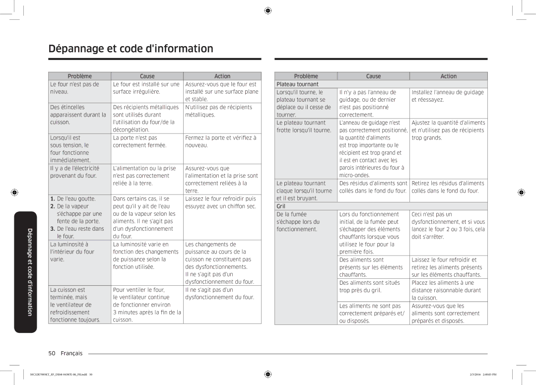 Samsung MC32K7085KT/EF manual Dépannage et code dinformation 