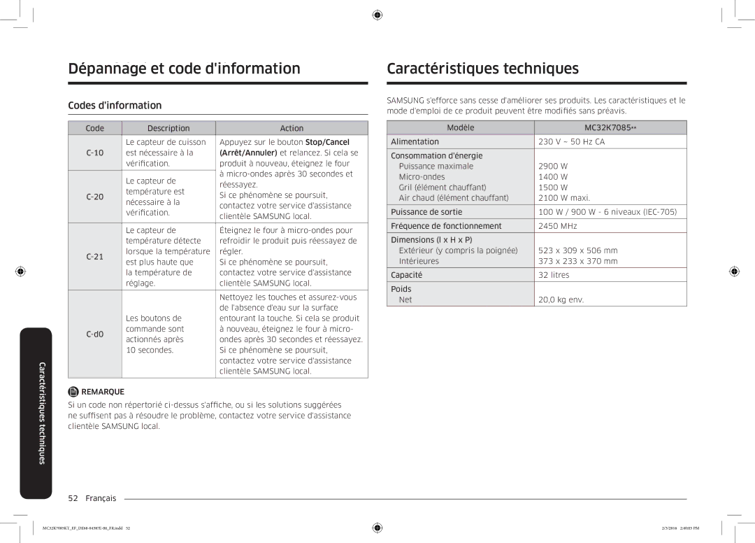 Samsung MC32K7085KT/EF manual Caractéristiques techniques, Codes dinformation 