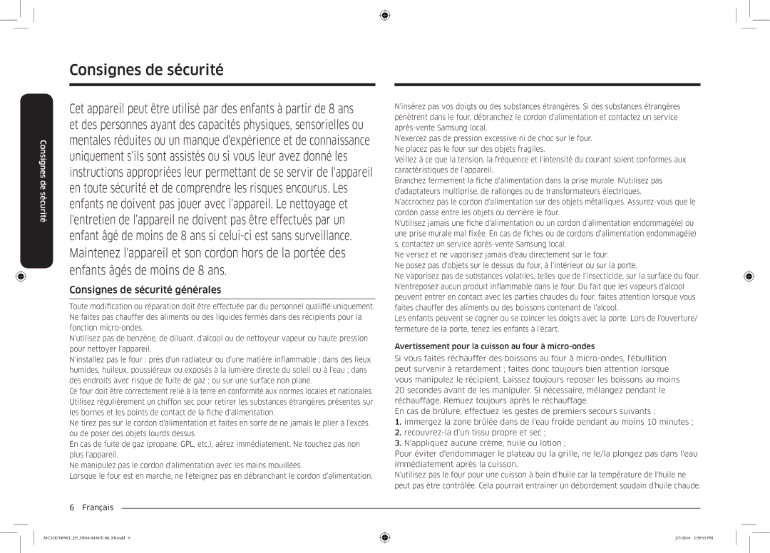 Samsung MC32K7085KT/EF manual Consignes de sécurité générales 