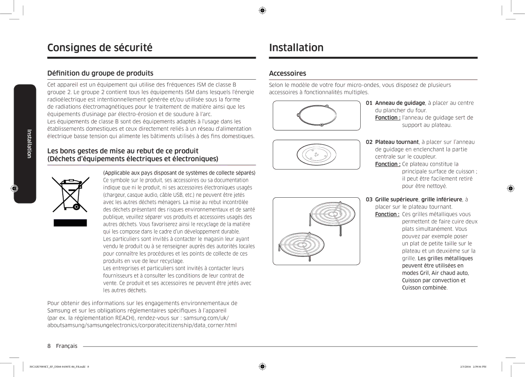 Samsung MC32K7085KT/EF manual Installation, Définition du groupe de produits, Accessoires 