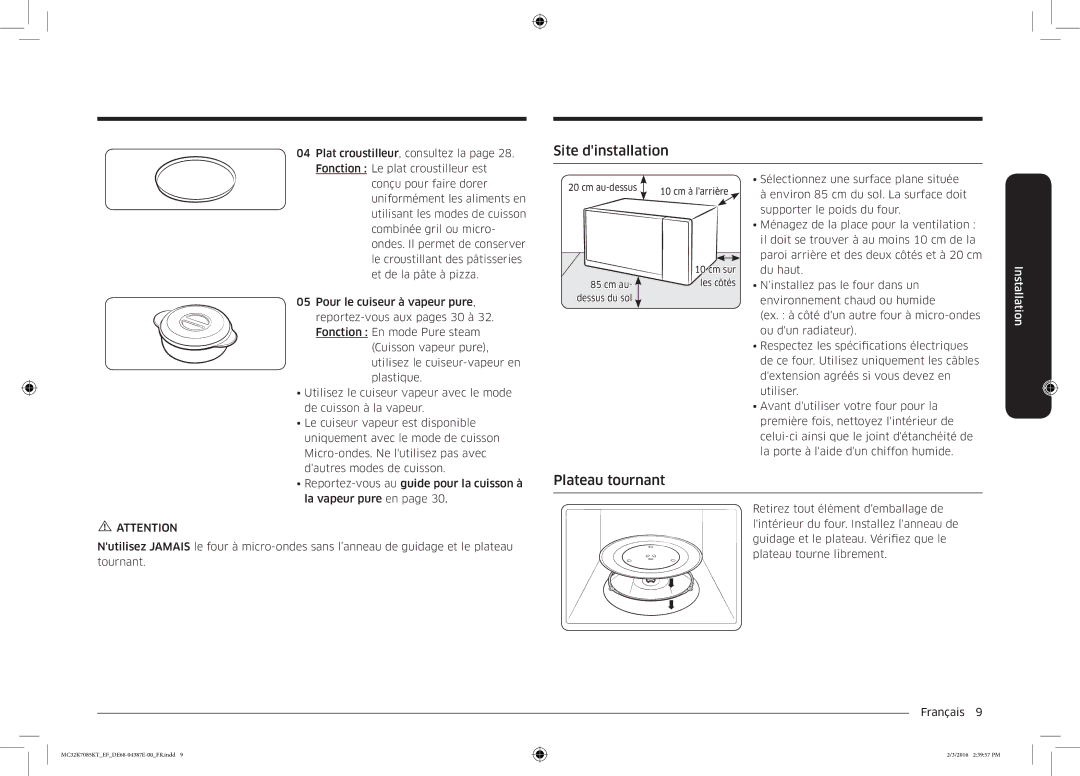 Samsung MC32K7085KT/EF manual Site dinstallation, Plateau tournant 