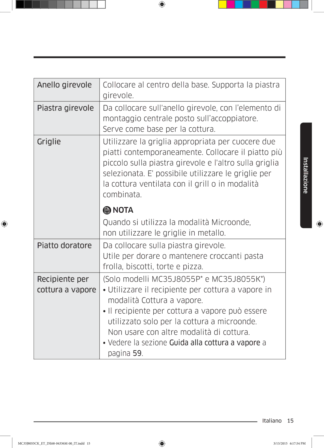 Samsung MC35J8055CK/ET manual Nota 