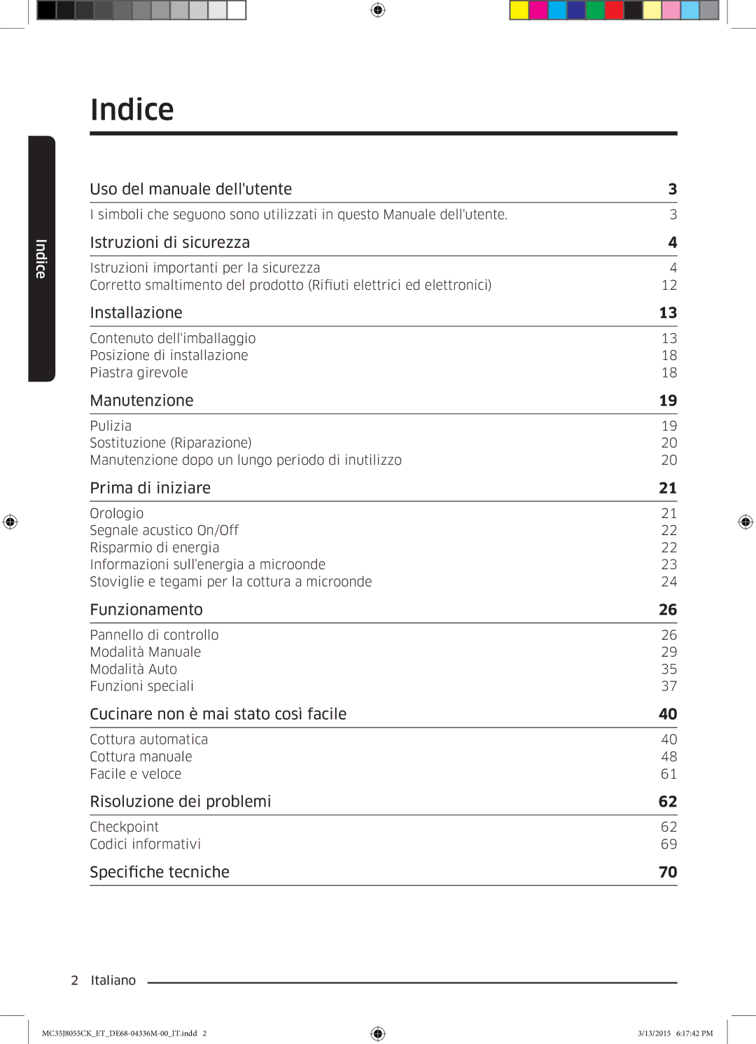 Samsung MC35J8055CK/ET manual Indice, Istruzioni di sicurezza 