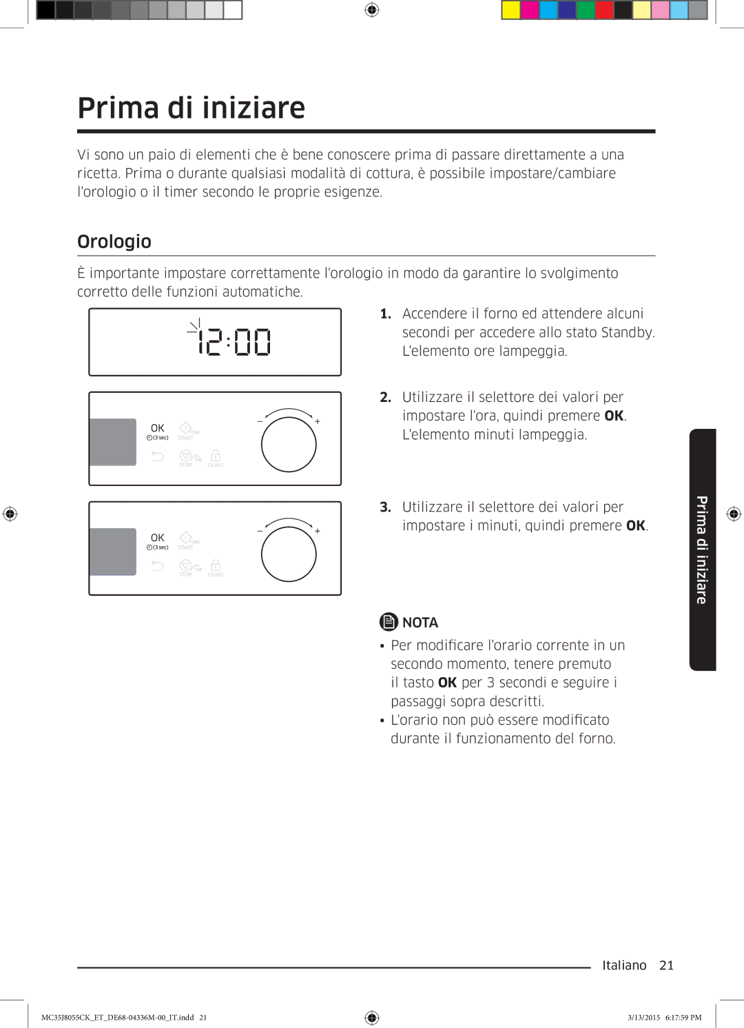 Samsung MC35J8055CK/ET manual Prima di iniziare, Orologio 