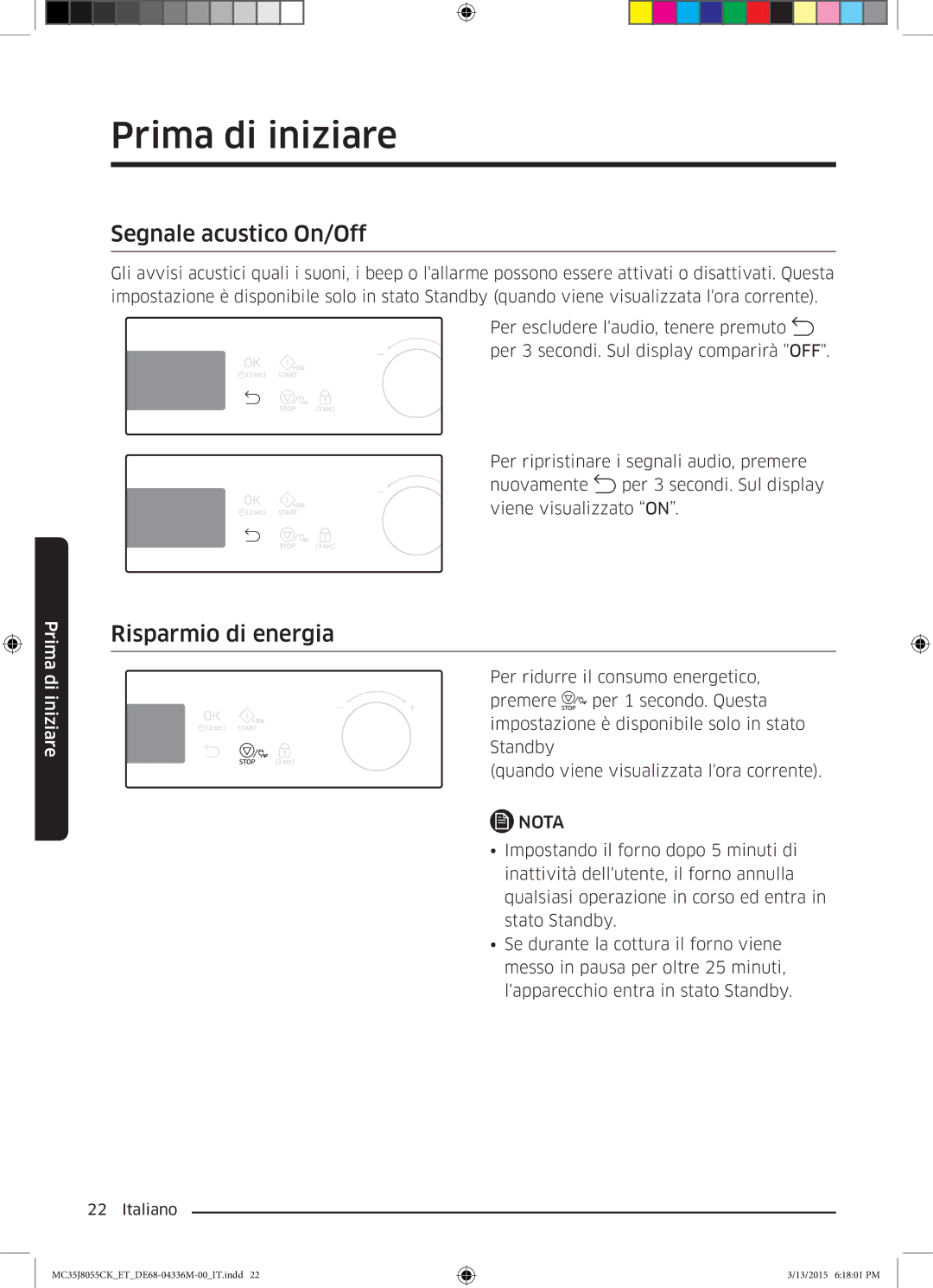 Samsung MC35J8055CK/ET manual Segnale acustico On/Off, Risparmio di energia 