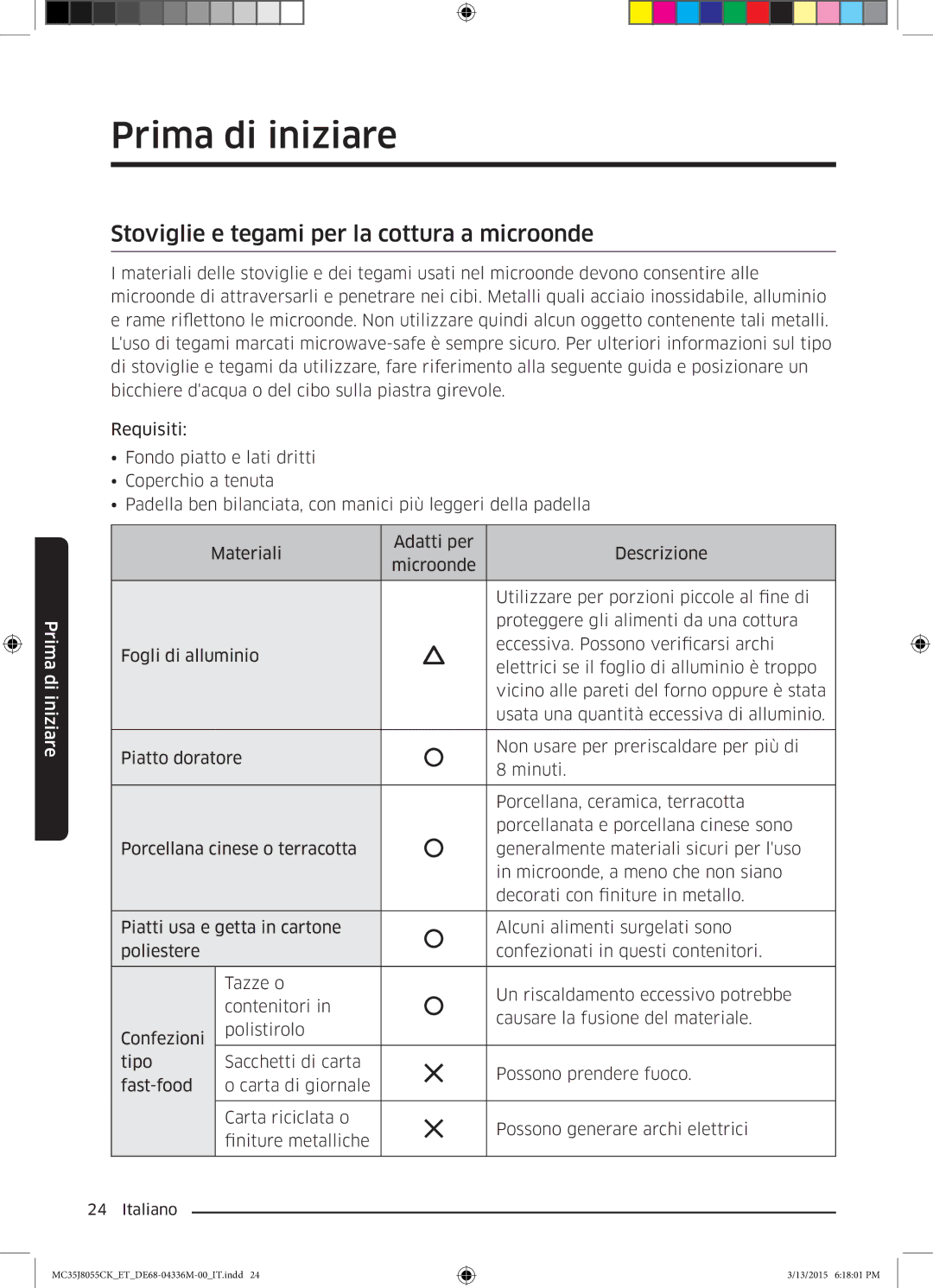 Samsung MC35J8055CK/ET manual Stoviglie e tegami per la cottura a microonde 