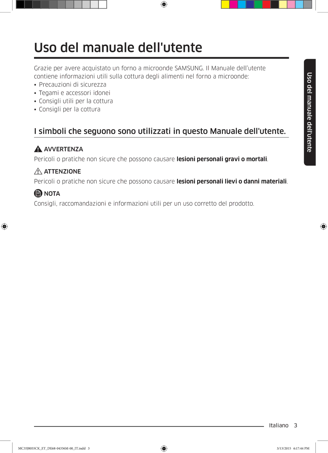 Samsung MC35J8055CK/ET Uso del manuale dellutente, Attenzione 