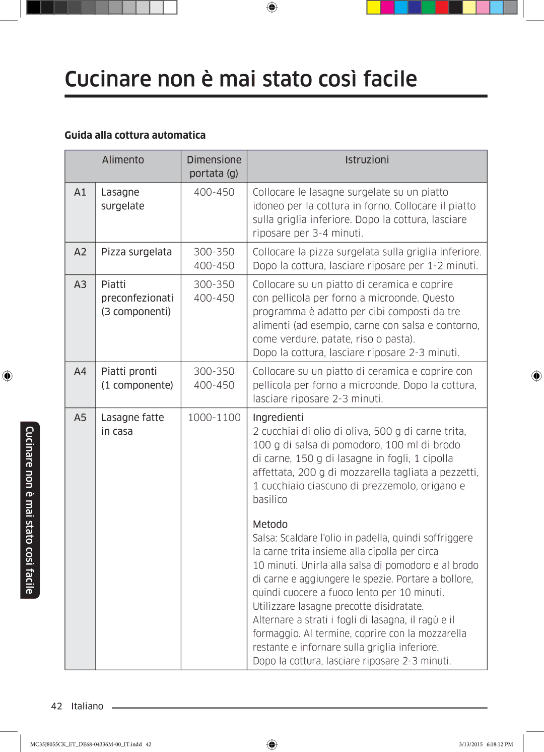 Samsung MC35J8055CK/ET manual Guida alla cottura automatica 