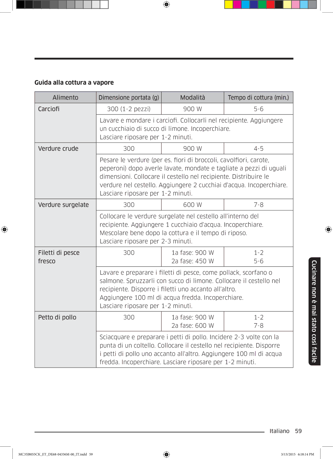 Samsung MC35J8055CK/ET manual Guida alla cottura a vapore 