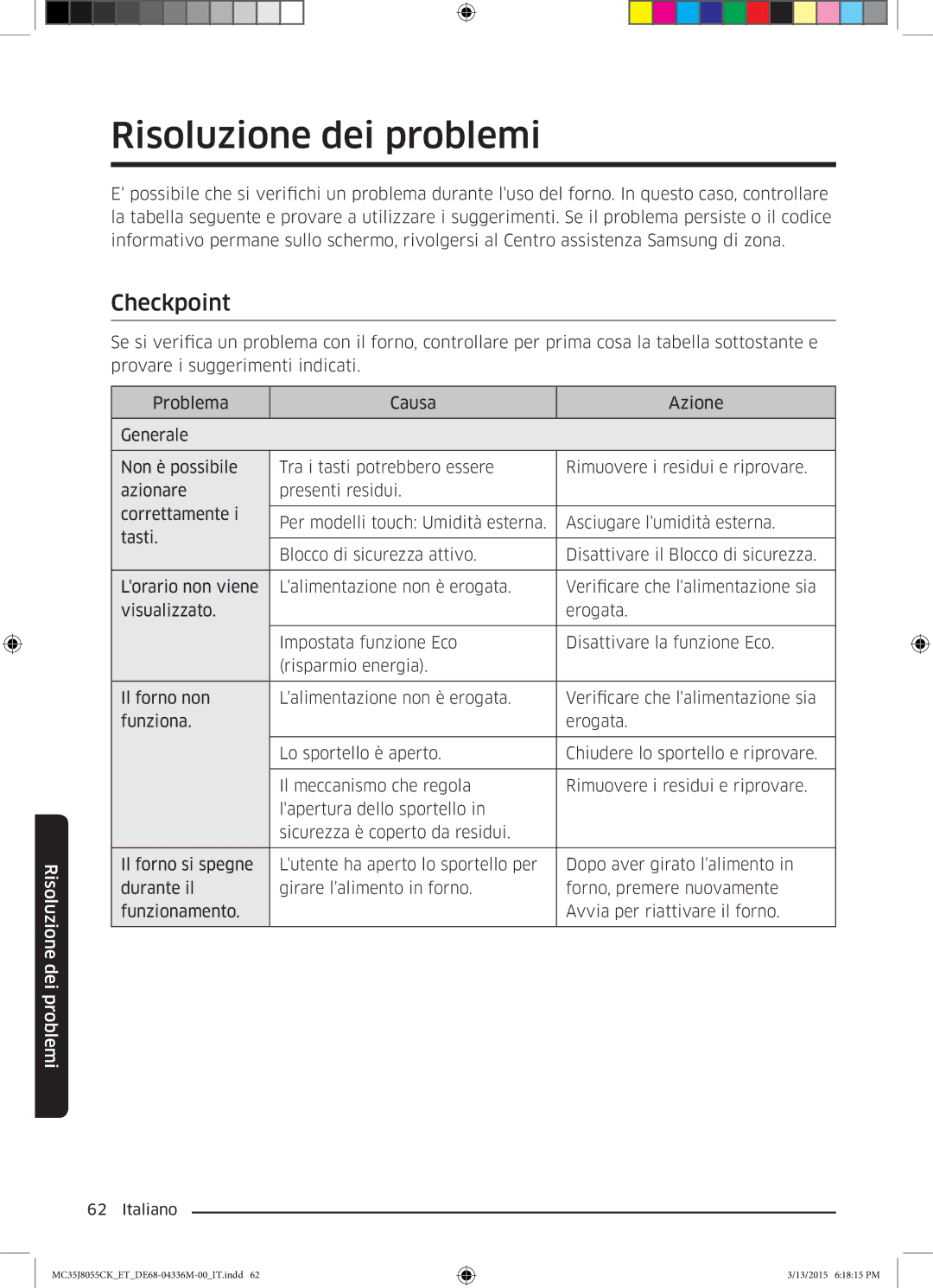 Samsung MC35J8055CK/ET manual Risoluzione dei problemi, Checkpoint 