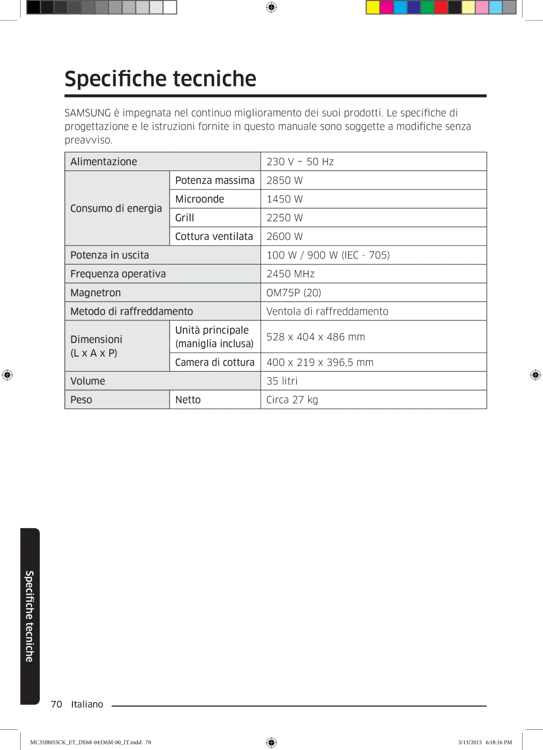 Samsung MC35J8055CK/ET manual Specifiche tecniche 