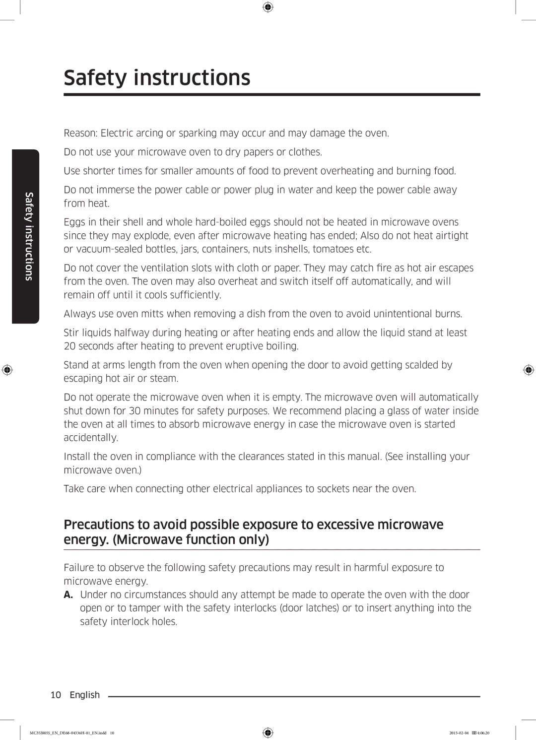 Samsung MC35J8055CK/ET manual Safety instructions 