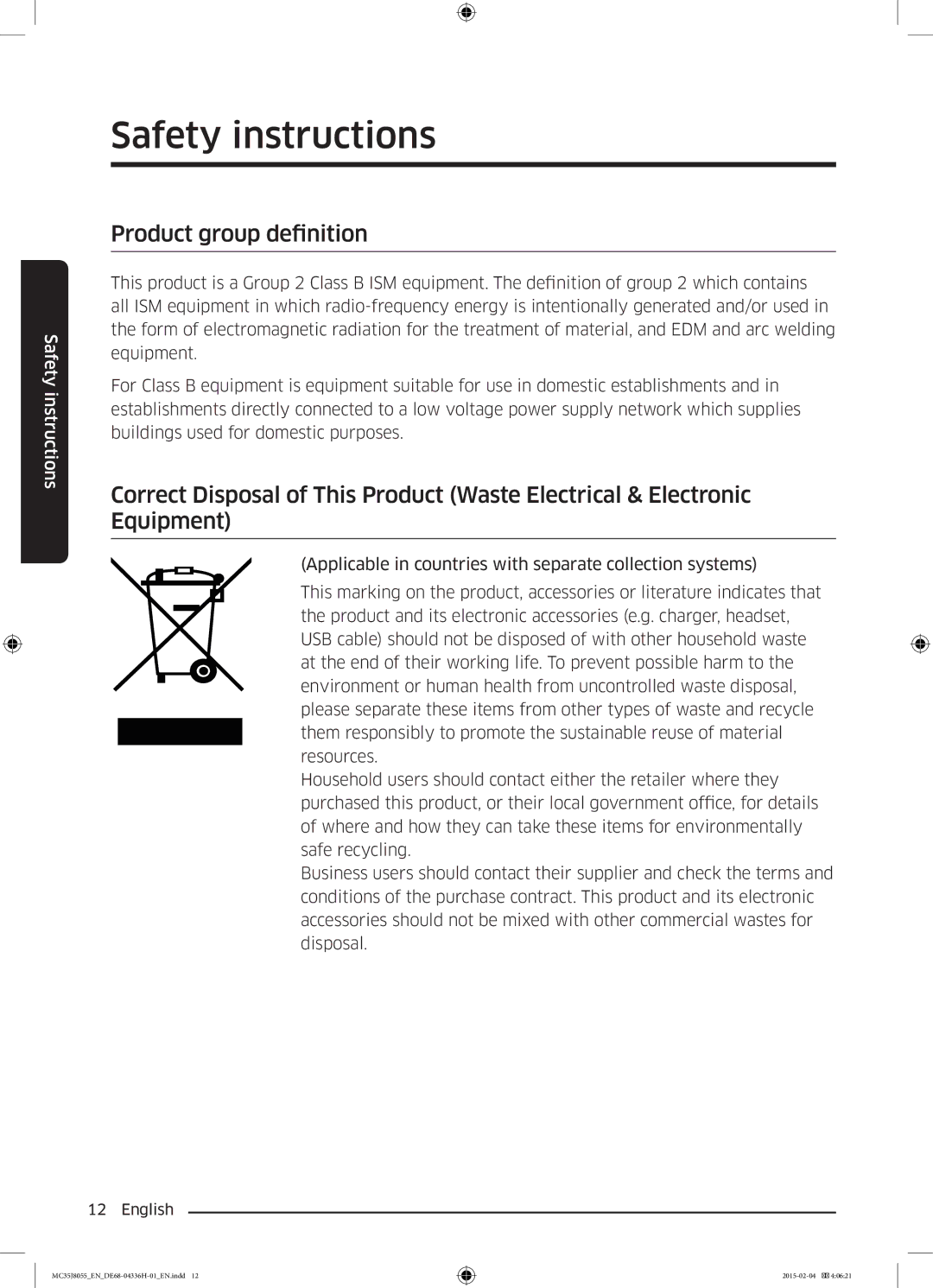 Samsung MC35J8055CK/ET manual Product group definition 