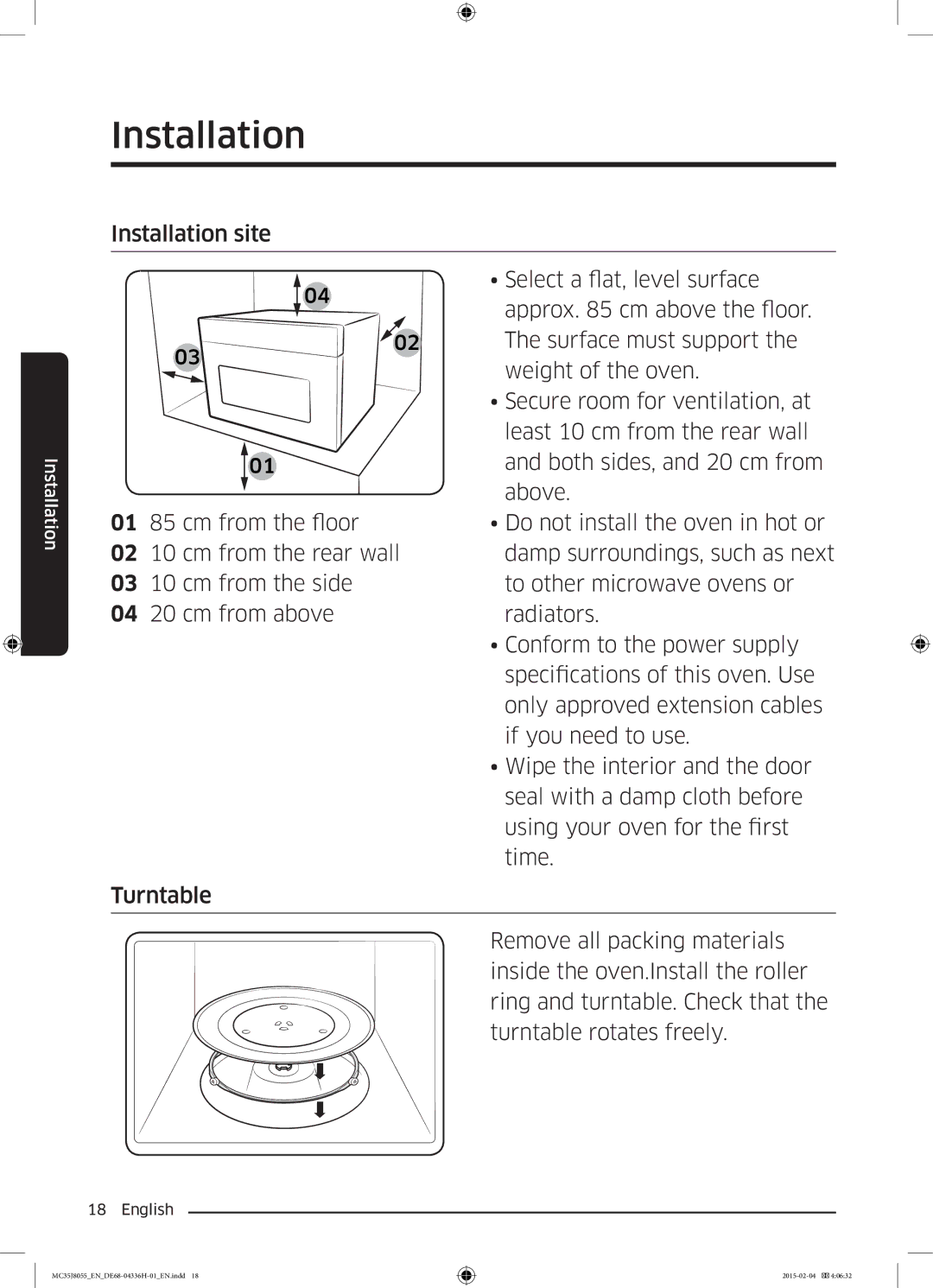 Samsung MC35J8055CK/ET Select a flat, level surface, Approx cm above the floor, Surface must support, Weight of the oven 