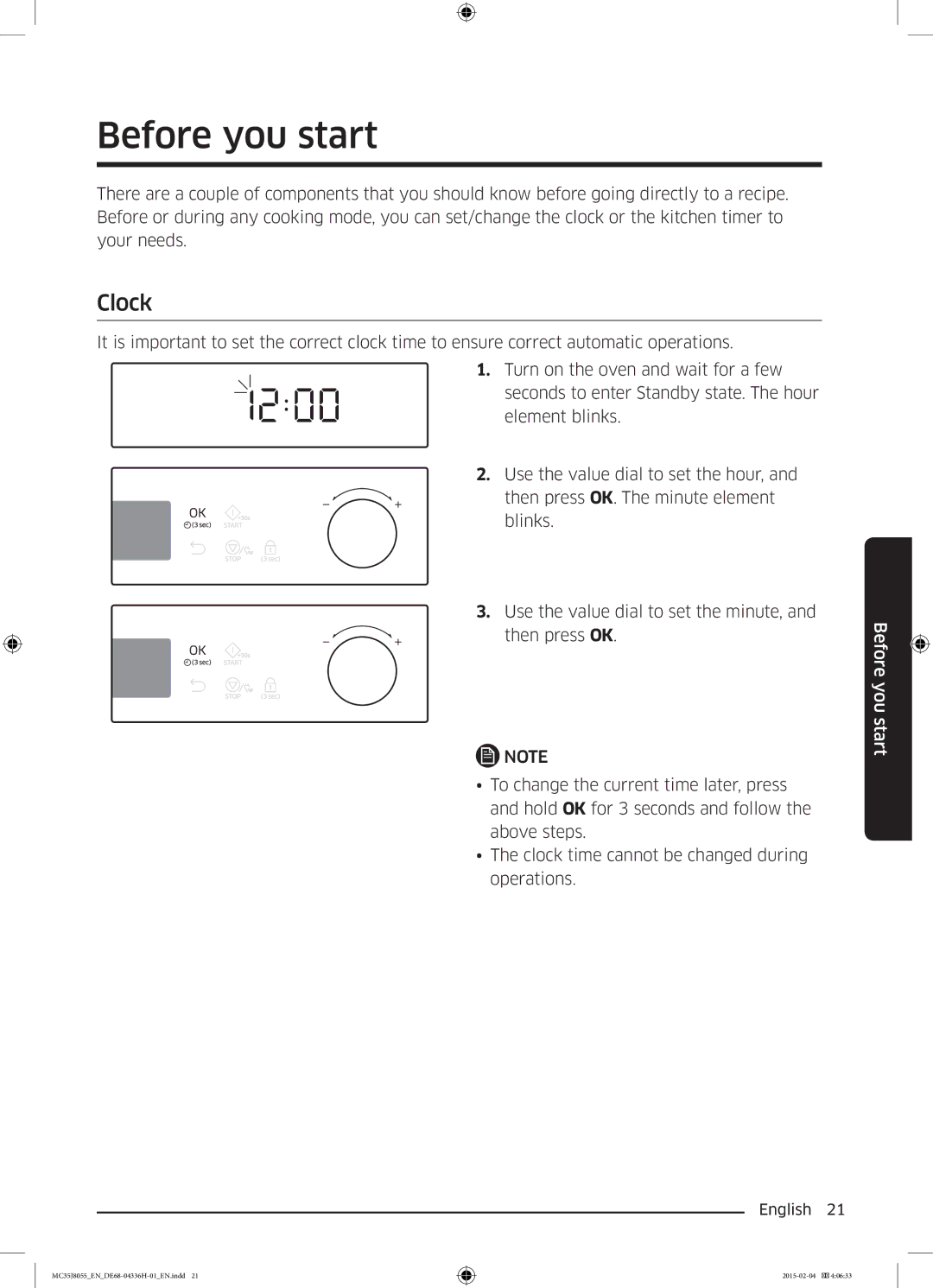 Samsung MC35J8055CK/ET manual Before you start, Clock 