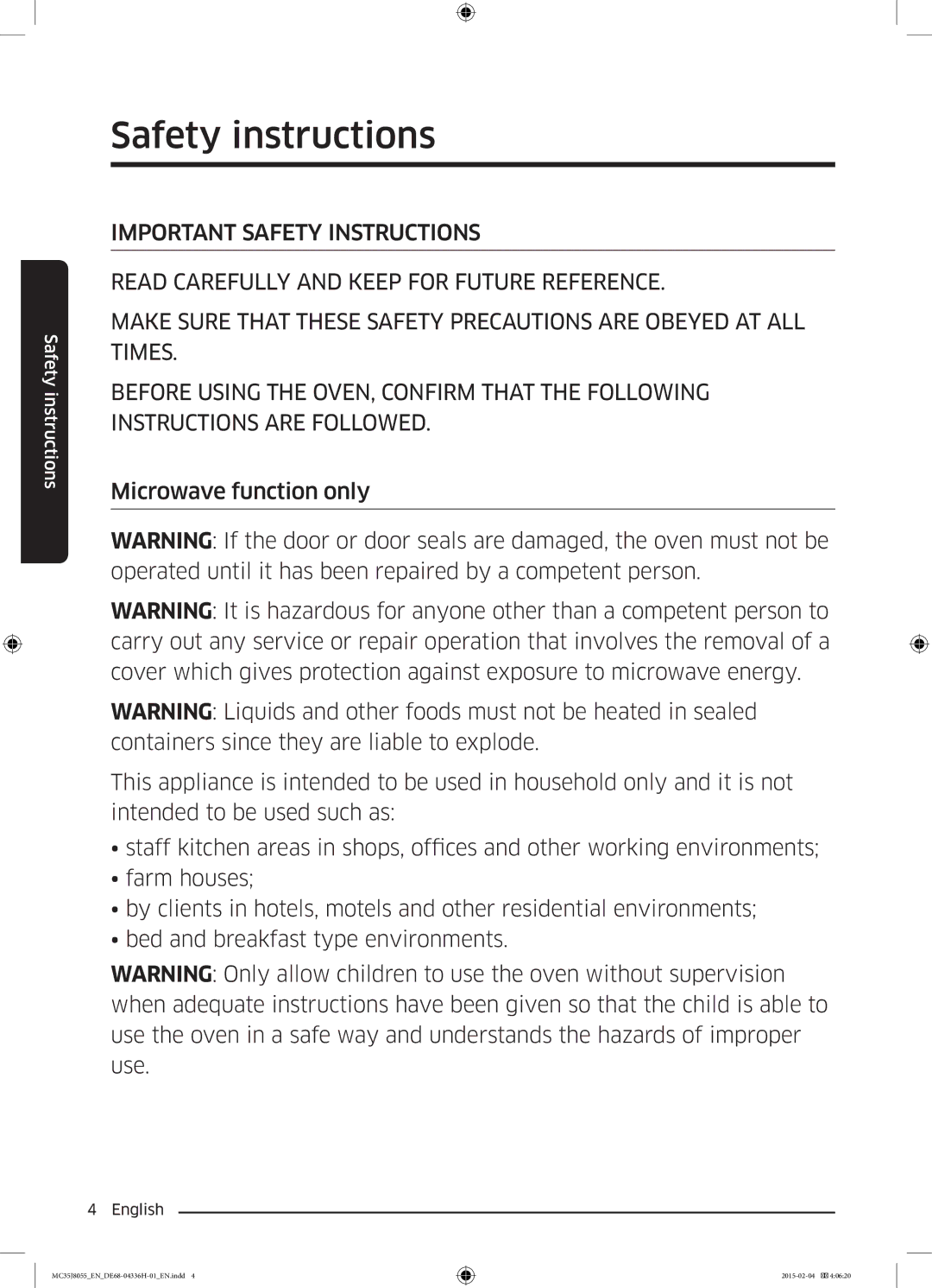 Samsung MC35J8055CK/ET manual Safety instructions 